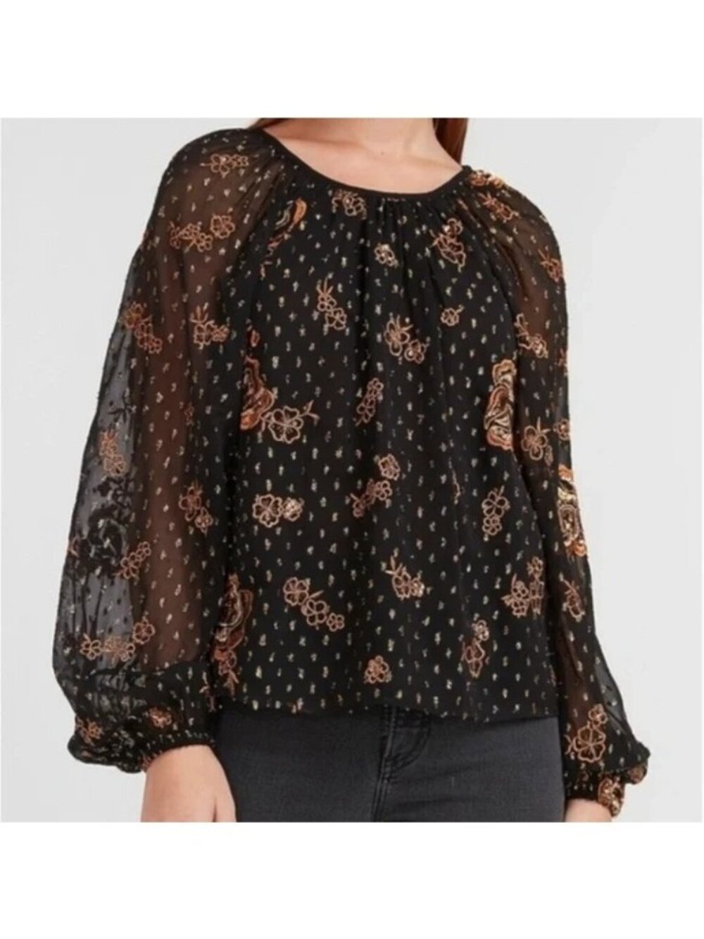 Express Blouse XS Embroidered Metallic Chiffon Top Sequin Black Gold Fairygoth